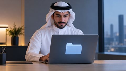 موظف سعودي يرتّب مجلد اشتراكات رقمية واحداً على لابتوبه في مكتب بسيط