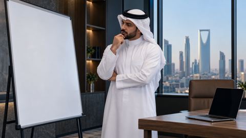 موظف سعودي يتأمل لوح تخطيط فارغاً بجانب اللابتوب في مكتب هادئ