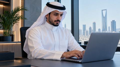 رجل سعودي بالثوب يكتب مقالاً على لابتوب حديث في مكتب مضيء