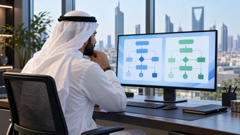 موظف سعودي يقارن بين طريقتي عمل رقميتين على شاشة مكتبه