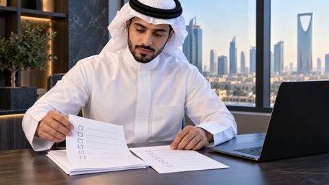موظف سعودي ينظم قائمة تدقيق بجانب اللابتوب