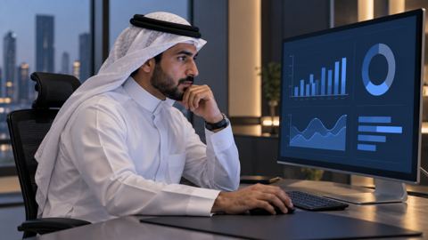 موظف سعودي يراجع رسوم تحليلات الجودة على شاشة في مكتب هادئ
