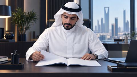 موظف سعودي يراجع دليل اعتماد مهني رسمي على مكتبه
