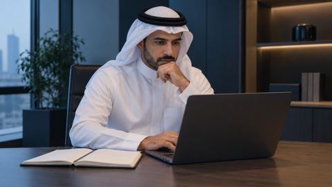 موظف سعودي يدرس شاشة اللابتوب بجانب دفتر في مكتب هادئ