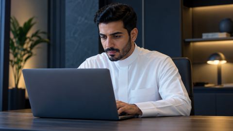 موظف سعودي يختبر موقعاً على اللابتوب بتركيز