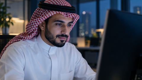 موظف سعودي بالثوب ينظر باهتمام إلى شاشة كمبيوتر مضيئة في مكتب حديث