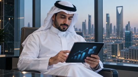 موظف سعودي بالثوب يتصفح أيقونات مالية على جهاز لوحي في مكتب بالرياض
