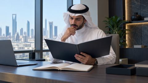 موظف سعودي يتأمل ملف مشروع حقيقي على مكتبه ودفتر مفتوح أمامه