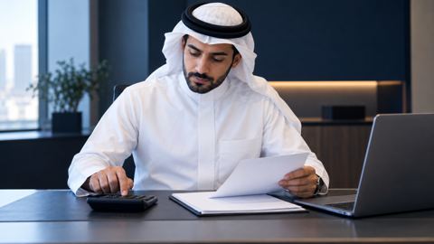 موظف سعودي يستخدم الآلة الحاسبة ويراجع ملاحظات الميزانية بجانب اللابتوب