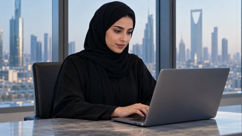 موظفة سعودية بالعباءة والحجاب تتصفح بوابة حكومية رسمية على لابتوبها
