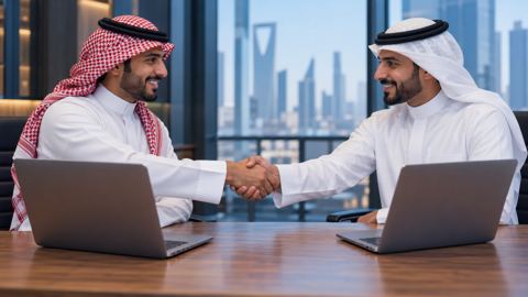 موظفان سعوديان يتصافحان عبر مكتب خشبي عليه لابتوبات مفتوحة