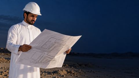 مدير مشروع سعودي بخوذة يدرس مخطط موقع كبير بجانب أرض لم تُطور