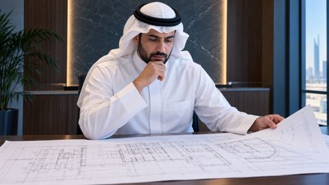 صاحب مشروع سعودي يراجع مخططات هندسية على طاولة اجتماعات مرتبة