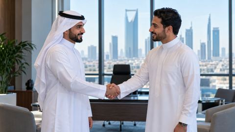 صاحب مشروع سعودي يصافح مزود الخدمة بعد اجتماع في مكتب مضيء