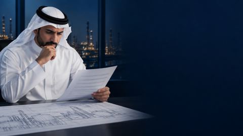 صاحب مشروع سعودي بثوب أبيض يدرس عرض سعر إنشاءات بجانب مخطط صناعي
