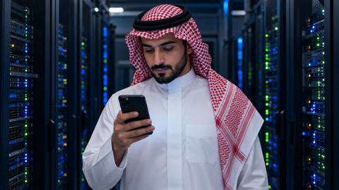 قارئ سعودي يستمتع بمقال على جواله وخلفه أضواء غرفة خوادم