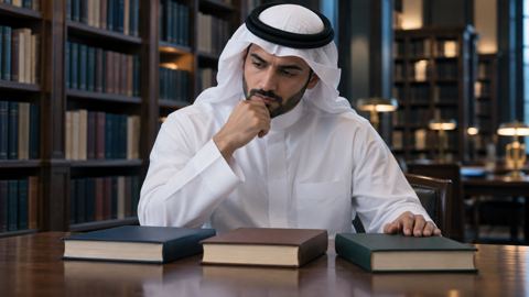 باحث سعودي في مكتبة هادئة يقارن المعلومات بعناية