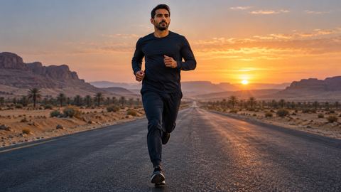 عدّاء سعودي يجري بإيقاع ثابت على طريق طويل وقت الشروق