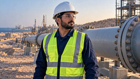 مهندس سلامة سعودي بزي عمل كحلي وخوذة ونظارة وسترة عاكسة بجانب خط أنابيب صناعي
