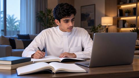 طالب مدرسة سعودي يذاكر على مكتبه في البيت بلابتوب وكتب مدرسية