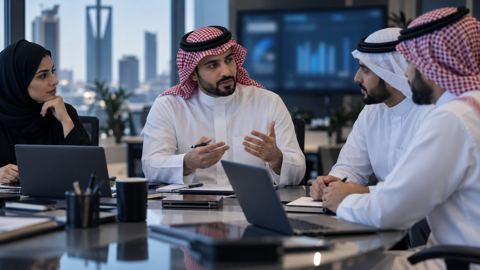 فريق سيو سعودي يناقش استراتيجية المحتوى حول طاولة في مكتب حديث
