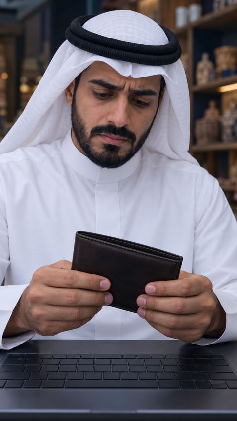 صاحب محل سعودي متردد يمسك أوراقاً نقدية بالريال فوق لوحة مفاتيح لابتوبه