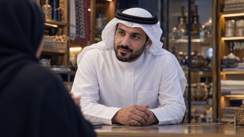 صاحب محل سعودي يستمع لسؤال زبون عند الطاولة