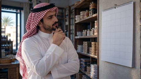 صاحب محل سعودي يتأمل تقويماً فارغاً على الجدار والقلم في يده