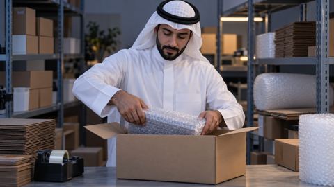 صاحب محل سعودي يغلّف طلباً في صندوق توصيل على طاولة مستودع صغير