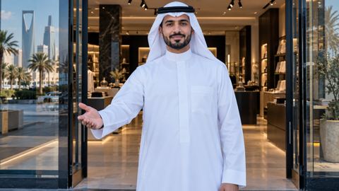 صاحب محل سعودي عند مدخل الفرع الثاني الجديد لمتجره