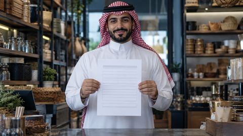 صاحب محل سعودي بالثوب يمسك سجله التجاري المطبوع عند طاولة المحل
