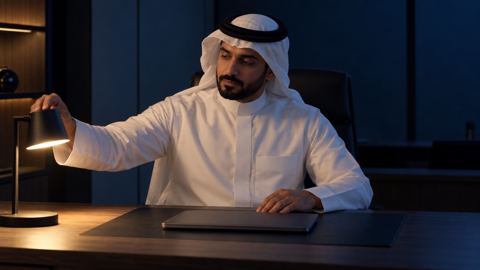 صاحب محل سعودي يطفئ مصباح مكتبه ليلاً ولابتوبه مغلق أمامه