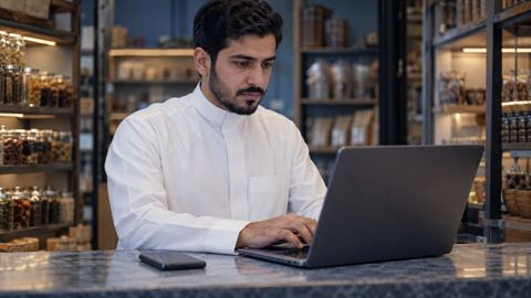 صاحب محل سعودي يستخدم اللابتوب بجانب جواله على طاولة المحل