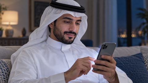 متسوق سعودي يراجع صفحة دفع بسيطة على جواله في البيت