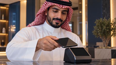 متسوق سعودي يدفع بجواله وبطاقة رقمية على مكتب أنيق