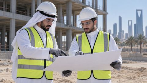 مهندس موقع سعودي يناقش مخطط مبنى مع زميله في الموقع