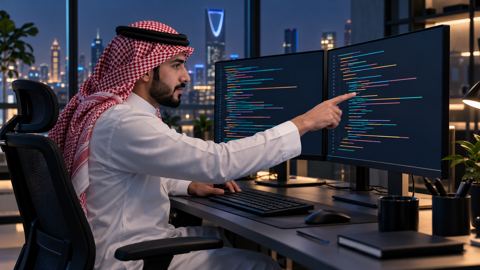 مبرمج سعودي يشير إلى أسطر كود على شاشتين