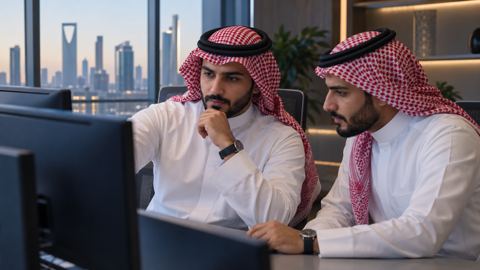 مبرمج سعودي يراجع الكود مع زميله على مكتب