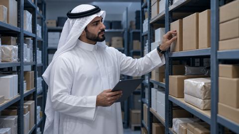 صاحب متجر سعودي يتفقد رفوف المنتجات في مخزن صغير