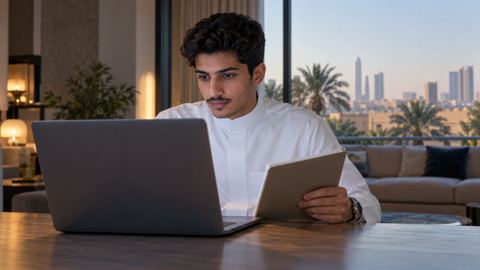 طالب سعودي في البيت أمام صفحة دفع لترقية دورة ويمسك دفتراً