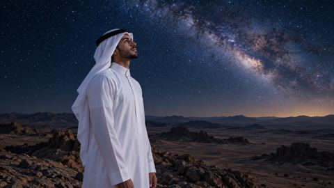 طالب سعودي ينظر إلى سماء مليئة بالنجوم من تل صحراوي ويفكر في مستقبله
