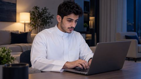 سعودي، طالب، لابتوب، بيت