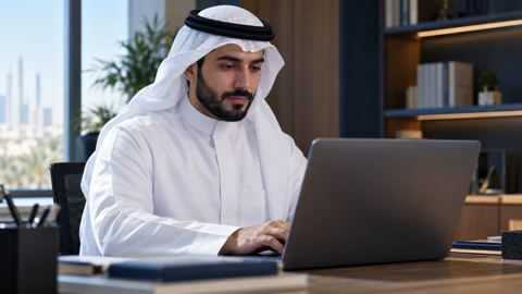 معلم سعودي يستخدم اللابتوب بهدوء على مكتب مرتب