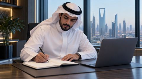 قائد فريق سعودي يكتب الأهداف والكلمات المفتاحية في دفتر بجانب اللابتوب