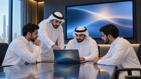 غرفة اجتماعات، سعودي، فريق، لابتوب