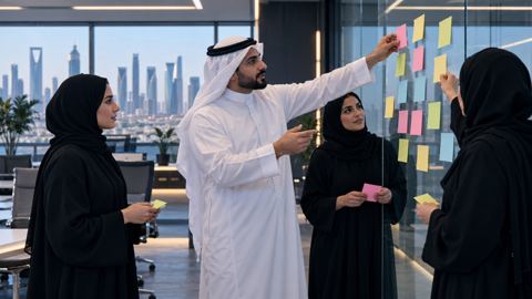 فريق سعودي يعيد ترتيب أوراق لاصقة على جدار زجاجي لتبسيط عملية البيع
