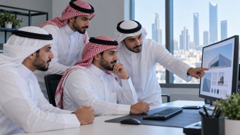 فريق سعودي في مكتب صغير يراجع العمل على الموقع معاً أمام شاشة