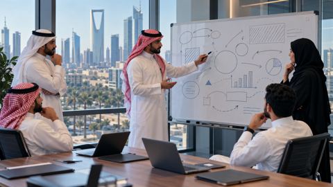 فريق في شركة تقنية سعودية يخطط للتوسع حول سبورة بيضاء