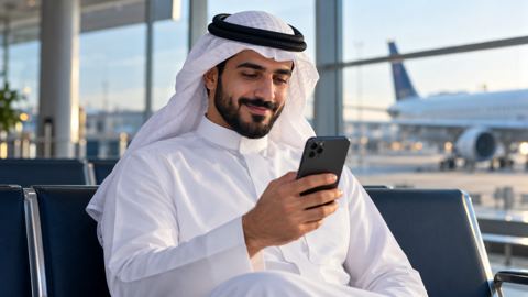 مسافر سعودي عند بوابة المطار يطمئن على تقاريره الطبية في جواله