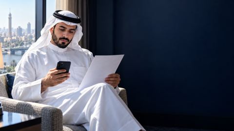 مسافر سعودي بثوب أبيض في غرفة فندق يمسك قائمة فحوصات طبية ويتأمل جواله